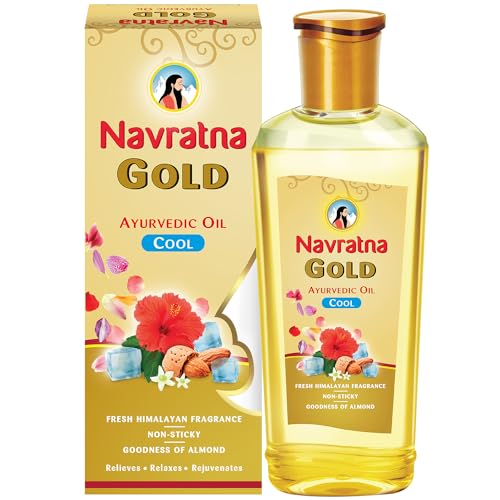 Navratna Gold Ayurvedic Oil |Non Sticky And Non Greasy |Mild Fragrance| Goodness Of Almonds And 9 Ayurvedic Herbs |Relieves Body Aches, Sleeplessness, Headache And Fatigue, 500Ml