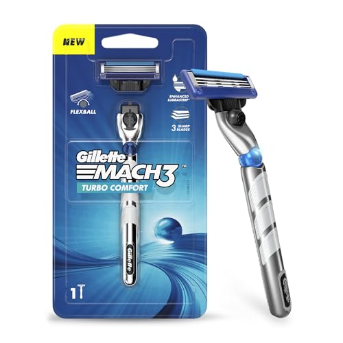 Gillette Mach 3 Turbo Shaving Razor For Men | Most Comfortable Shave | Flexiball & Dynamic Pivot For Safe Shave | Anti-Friction Blades & Lubricating Strip For Smooth Shave And Sensitive Skin