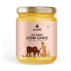 Auric A2 Bilona Desi Cow Ghee 1L – Vedic Bilona Method – Traditional Curd Churned – Lab Tested – Organically Made Danedar Ghee – Grass Fed Sahiwal And Gir Cow – Glass Jar