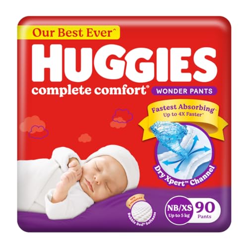 Huggies Complete Comfort Wonder Pants, India’S Fastest Absorbing Diaper, Patented Dry Xpert Channel | Pant Style Diapers New Born / Xs Size (Up To 5 Kgs), Pack Of 90 Diapers
