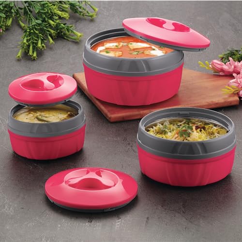 Paras Homeware Hot Chef Casserole| Bpa Free | Food Grade | Easy To Carry | Easy To Store For Rice, Curry, Roti |Pink – Set Of 3 | 600Ml, 1100Ml 1800Ml
