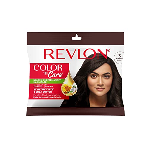 Revlon Color ‘N Care Nourishing Permanent Hair Color – 3 Darkest Brown – Has Essentials Oils Of Coconut Argan, Sunflower & Jojoba Oil, Along With Shea Butter – Sachet