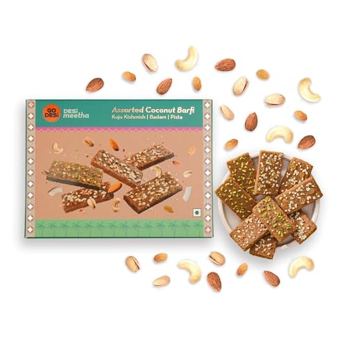 Go Desi Assorted Coconut Barfis, 200 Grams Burfi, Gift For Sister And Brother, Indian Sweets Gift Pack, Desi Meetha, Dry Fruits Gift, Almond Cashew Raisin Pista Bar, Sweets Indian Mithai