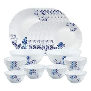 Larah By Borosil Blue Cascade Opalware Dinner Set, 28 Pcs, White