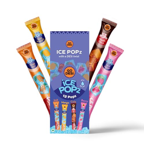 Go Desi Ice Popz : 12-Pack Assorted 4 Flavours Fruit Ice Popsicles | Ice Pops (70Ml Each) – Masala Cola, Mango, Very Berry, Tangy Imli Flavors
