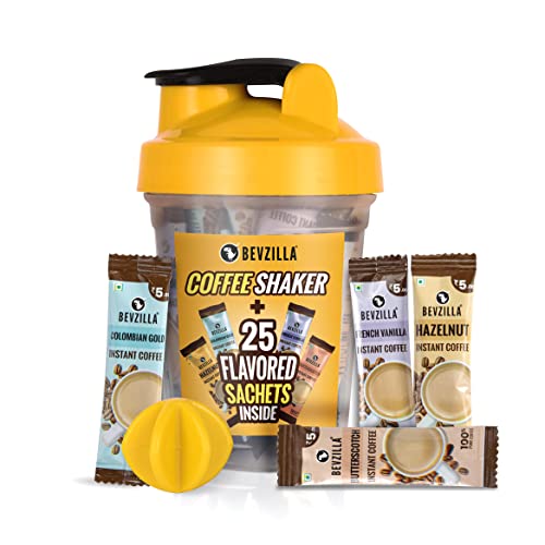 Bevzilla Instant Coffee Sachets & Bottle Pack With 25 Flavoured Coffee Sachets (2 Grams Each) And Bpa Free Shaker 500 Ml For Office, School, Gym, College, Makes Cold Coffee, Frappe, Cafe Shakes At Home | English Butterscotch, Colombian Gold, French Vanilla & Turkish Hazelnut Flavour | Protein Shaker| Cold Coffee Shaker| Leak Proof | Gym Shaker Bottle