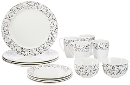 Amazon Brand – Solimo Ceramic 16 Piece Polka Dot Dinner Set | 4 Dinner Plates, 4 Quarter Plates, 4 Mugs & 4 Small Bowls | Black Dotted Design