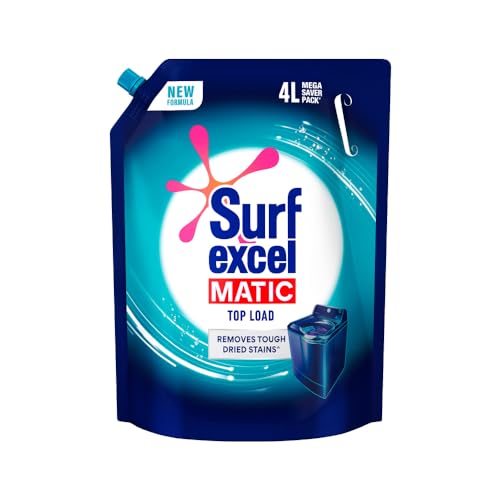 Surf Excel Matic Top Load Liquid Detergent 4L Refill Pouch, Specially Designed To Remove Tough Dried Stains, 1St Time In Washing Machine