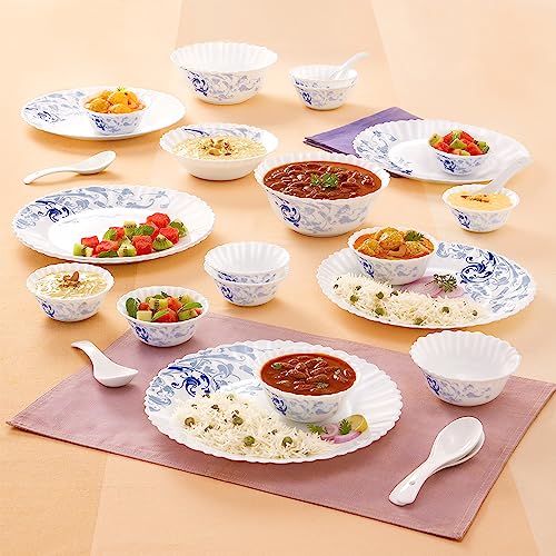 Larah By Borosil Blue Eve Silk Series Opalware Dinner Set | 27 Pieces For Family Of 6 | Microwave & Dishwasher Safe | Bone-Ash Free | Crockery Set For Dining & Gifting | Plates & Bowls | White
