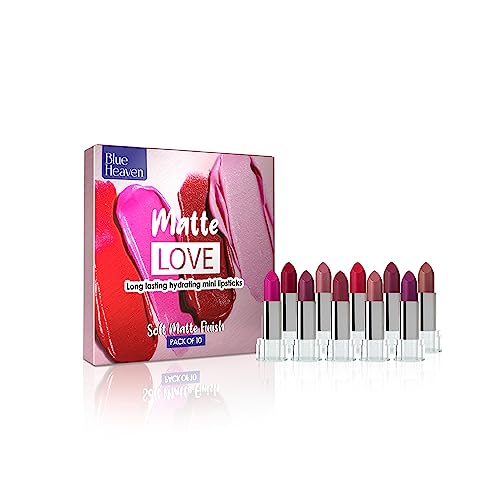 Blue Heaven Matte Love Mini Lipsticks, Pack Of 10 | Hydrating & Moisturizing Mini Roll On Lipsticks, 13Gm
