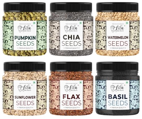 Lila Dry Fruits 6 Superseed Combo (Basil, Chia, Sunflower, Watermelon, Pumpkin & Flax) 6 X 100 Gms Jar Pack | Healthy Combo For Immunity And Weight Loss | Mix Seeds For Diet | Superfood Snacks