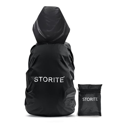 Storite Dust & Rain Cover For Backpack, Waterproof Dustproof Rain Cover Bag Elastic Adjustable For School, College,Office, Trekking Bags (30L-35L,Black With Hood)