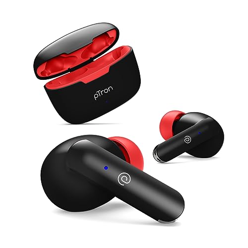 Ptron Bassbuds Duo In-Ear Wireless Earbuds, Immersive Sound, 32H Playtime, Clear Calls Tws Earbuds, Bluetooth V5.1 Headphone, Type-C Fast Charging,Voice Assist & Ipx4 Water Resistant (Jet Black & Red)