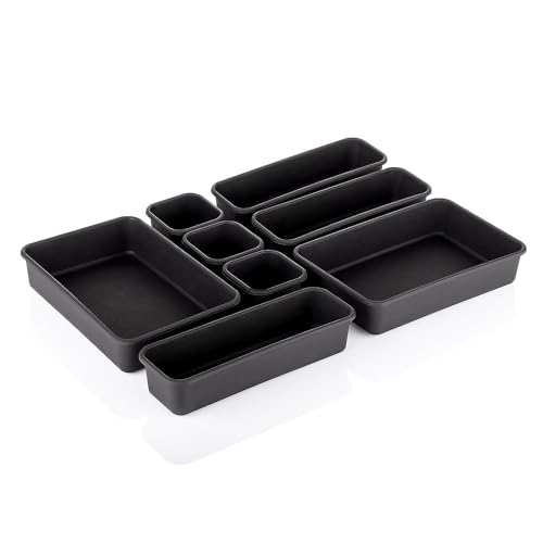 Kuber Industries Storage Organizer Set | Kitchen Organizer | Makeup Organizer Tray Set | Desk Drawer Divider Tray | Multi-Purpose Stationery Organizer With Interlock | 8 Piece Set | Black