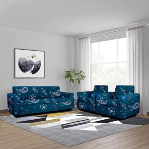 Cortina Floral Printed Sofa Cover Big Elasticity Cover Stretch Universal Sofa Slipcover 5 Seater (3 Seater Size 185-230Cm And 1 Seater Size 90-145Cm) -Teal Blue,Polyester