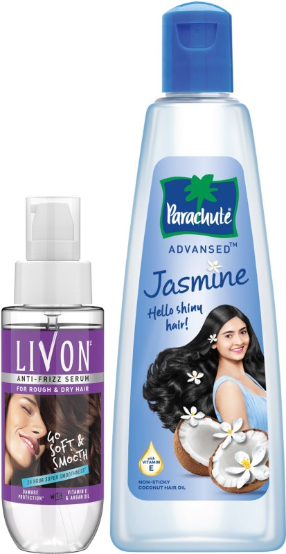 Parachute Advansed Jasmine Coconut Hair Oil, Shiny, Strong Hair & Livon Hair Serum For Women & Men(2 Items In The Set)