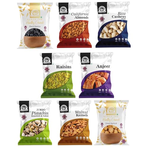 Wonderland Foods Healthy Nuts Dry Fruits Combo Pack Of 8 Jumbo Pistachios 100G, Np Almond 100G, W320 Cashew 100G, Black & Golden Raisins 100G, Anjeer 100G, Walnut Kernel 100G, Dried Apricot 100G