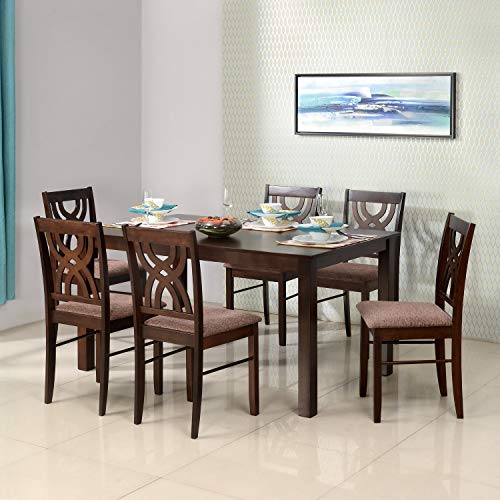 @Home By Nilkamal Alice Solid Rubber Wood Dining Table 6 Seater| Six Seater Wooden Table With Six Chairs With Cushion| Dining Room Set| Rubberwood, Antique Cherry Finish