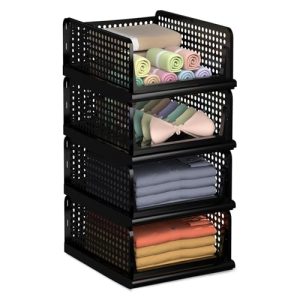 Kuber Industries (Pack Of 4) Foldable Cupboard Organizer For Clothes – Stackable Closet Organizer For Wardrobe – For Shirt | T Shirt | Jeans – Plastic Cupboard Dress Racks For Clothes Storage (Black)