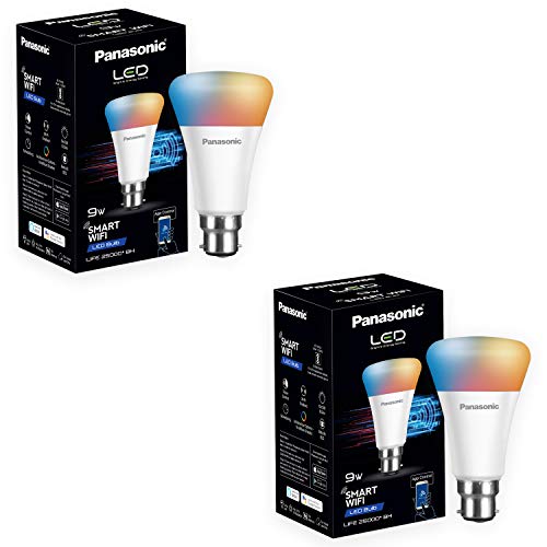 Panasonic B22 9 Watt Wi-Fi Enabled Smart Bulb, Compatible With Amazon Alexa And Google Assistant (16M Colours + Shades Of White + Dimmable + Tuneable), Pack Of 2