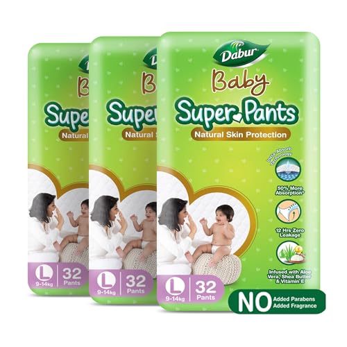 Dabur Baby Super Pants – L (32 Pieces, Pack Of 3) | 9-14 Kg | Insta-Absorb Technology | Diapers Infused With Aloe Vera, Shea Butter & Vitamin E | No Added Parabens, Added Fragrances