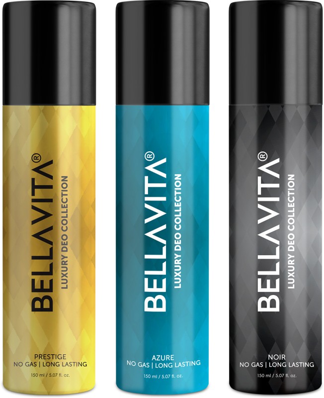 Bellavita Noir,Azure & Prestige Deo Parfum Combo|3X150Ml|Long Lasting Body Spray| Deodorant Spray  –  For Men & Women(450 Ml, Pack Of 3)