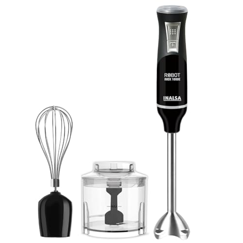 Inalsa Hand Blender 1000 Watts With Chopper, Whisker| Variable Speed & Turbo Speed Function|100% Copper Motor|1Liter|Low Noise |Anti-Splash Technology|Home&Kitchen|2 Year Warranty (Robot Inox 1000E)