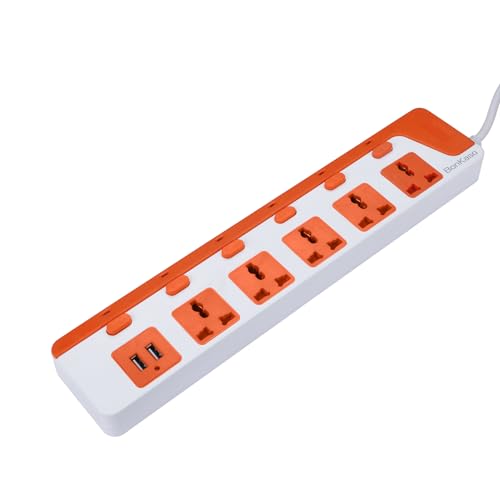 Bonkaso 5-Socket Power Strip With Dual Usb – 5 Ac Sockets, 2 Usb, 1.5M Cord Length, 1500 W, Compact 26Cm Size, Ultra-Light 500G (White & Orange)