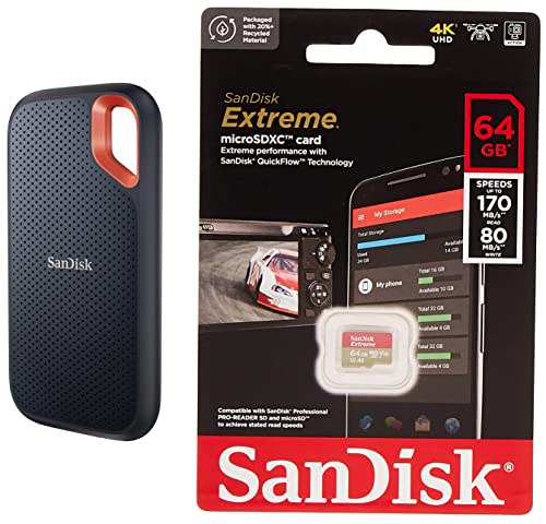 Sandisk 2Tb Extreme Portable Ssd 1050Mb/S R, 1000Mb/S W,Upto 2 Meter Drop Protection & Typec Smartphone Compatible, 5Y Warranty, External Ssd & Extreme Microsd Uhs I Card 64Gb, Usb