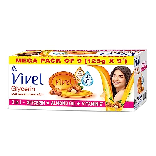 Vivel Glycerin Bathing Soap For Soft Moisturized Skin With Pure Almond Oil & Vitamin E, 1125G (125G – Pack Of 9), Soap For Women & Men, For All Skin Types