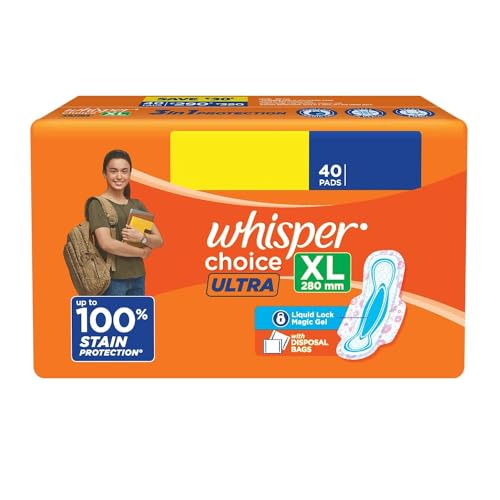 Whisper Choice Ultra Sanitary Pads, 40 Xl Pads, Upto Stain Protection All Day, Thin Pads With Magic Gel That Locks Liquid, Super Fast Absorption, Longer Length For Better Coverage