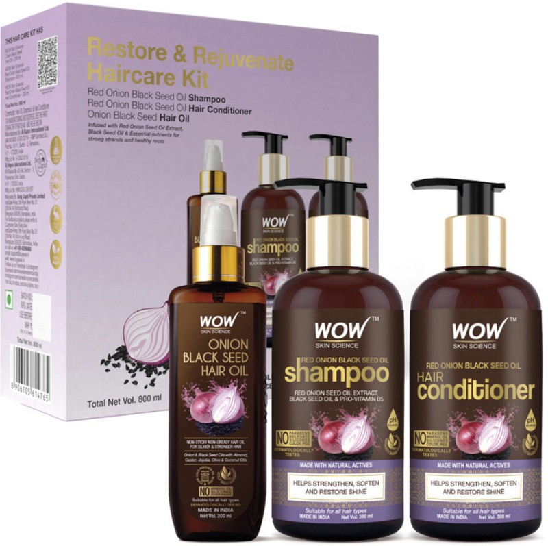 Wow Skin Science Red Onion Black Seed Oil Ultimate Hair Care Kit (Shampoo + Hair Conditioner + Hair Oil)- Net Vol(3 Items In The Set)