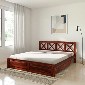 Amazon Brand – Solimo Paarl King Size Solid Sheesham Wood Bed With Storage (Honey Finish, 2 Drawers)