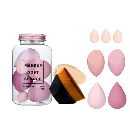 Soft Sponge With Makeup Brush For Liquid Foundation, Creams, And Powders, Latex Free Wet And Dry Makeup ( 1 Brush+ 4 Big + 3 Mini-7 Pcs Set) Multicolour,Assorted Colour) With Plastic Jar (Sponge Jar With Hexa Brush)