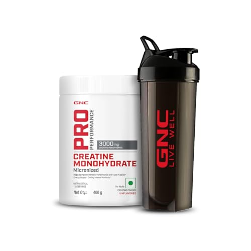 Gnc Creatine Monohydrate With Black Shaker (750Ml) | 400Gm | Unflavoured |Boosts Athletic Performance |Fuels Skeletal Muscles |Supports Intense Workout | Promotes Cellular Hydration |Formulated In Usa