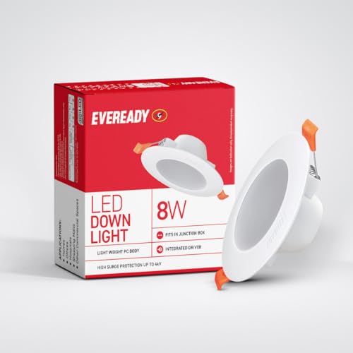 Eveready 8W Led Downlighter | Round Shape | High Efficiency 75 Lm/W | 4Kv Surge Protection | Lightweight | Integrated Driver | 600 Lumens | 75Mm Cut Size | Pack Of 1