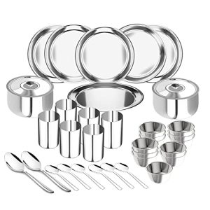 Lifelong Dinner Set Of 36 Pcs | Stainless Steel | 6 Full Dinner Plates| 6 Glasses| 12 Vegetable Bowl| 6 Dinner Spoons| 2 Serving Spoon |2 Serving Bowl With Lid (Lldinset36, Silver)