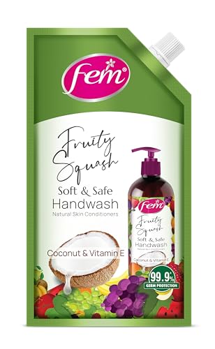 Fem Fruity Squash Soft & Safe Handwash – 750Ml | Enriched With Goodness Of Coconut Milk & Vitamin E | Long Lasting Fragrance