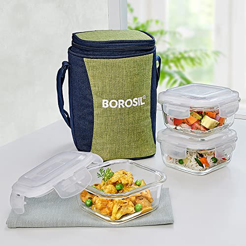 Borosil Ace Borosilicate Glass Lunch Boxes Set Of 3 (320 Ml Each) With Lunch Bag, Square, Lunchboxes For Office & College, Microwave Safe, Leak Proof (Green)