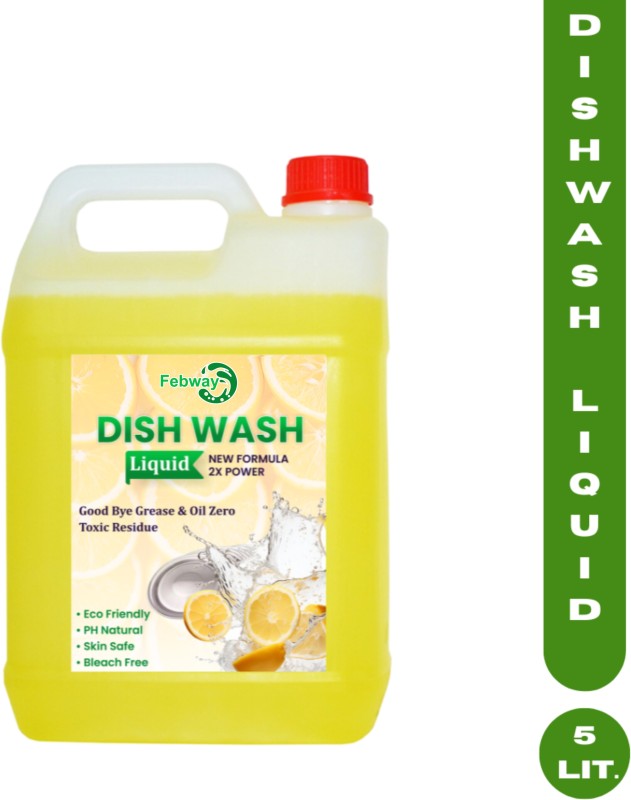 Febway Power Wash Dishwash Gel, 1000 Ml | 5X More Cleaning Power | 50% Less Scrubbing Dish Cleaning Gel(Lemon, 5 L)