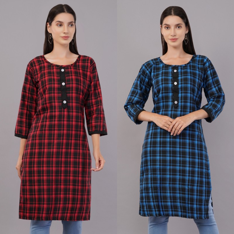 Women Checkered, Printed Kurta(Red, Blue)