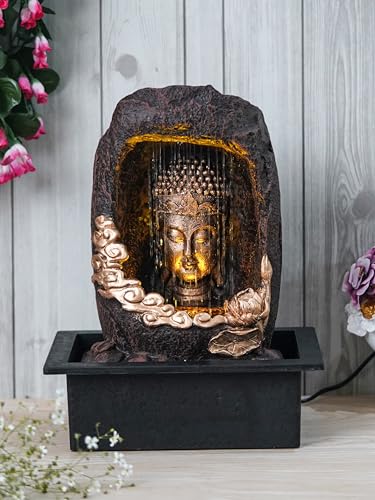 Chronikle Polyresin Tabletop Gold Brown Meditating Buddha Sitting In Cave Style Indoor Front Curtain Waterfall Fountain For Home Decor With Led Light, Speed Controller Pump (Size: 40 X 22 X 29.5Cm)