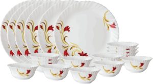 Larah By Borosil Pack Of 18 Opalware Dinner Set(White, Microwave Safe)