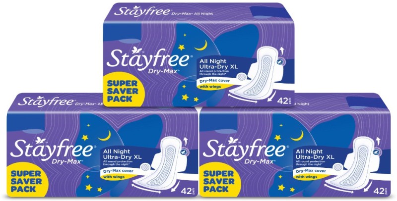 Stayfree Dry-Max All Nights| All Round Protection Through The Night| 2X Better Coverage Sanitary Pad(Pack Of 126)