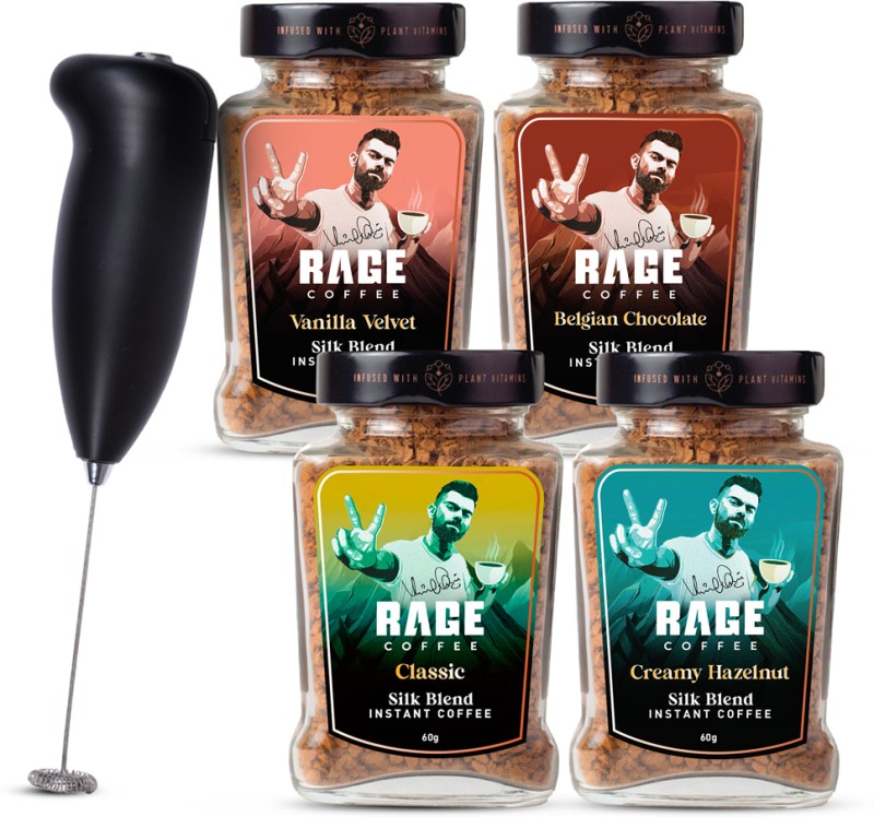 Rage Silk Combo 60Gx4- Classic, Belgian Chocolate, Creamy Hazelnut, Vanilla + Frother Instant Coffee(4 X 60 G, Assorted Flavoured)