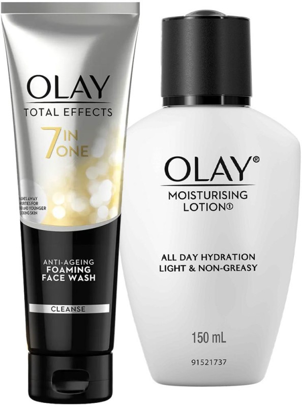 Olay Moisturising Lotion With Coconut, Caster Seed Oil, Glycerin (150Ml) & Total Effects 7 In 1 Exfoliating Cleanser (100Gm)(2 Items In The Set)