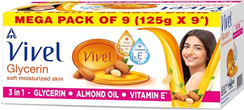 Vivel Glycerin Bathing Bar Soap With Pure Almond Oil & Vitamin E(9 X 13.89 G)