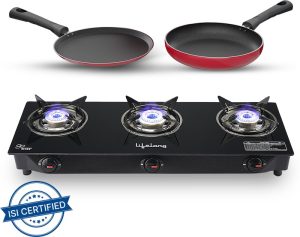 Lifelong Llcmbgs03 Combo – Cooktop + Flat Tawa + Fry Pan Top Glass Manual Gas Stove(3 Burners)