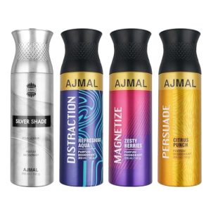 Ajmal 1 Silver Shade For Men, 1 Distraction, 1 Magnetize And 1 Persuade For Men & Women Deodorants Each 200Ml Combo Pack Of 4 (Total 800Ml)