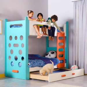 Smartsters Climbr Bunk Bed For Kids With Trundle & Ladder | Double Decker | Engineered Wood | Teal Blue | 72X81X38 Inches | Ergonomic Climbing Wall | Extra Bed Or Storage